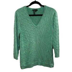 LAUREN RALPH LAUREN Green Silk Blend Cable Knit V-neck Sweater Sz XL